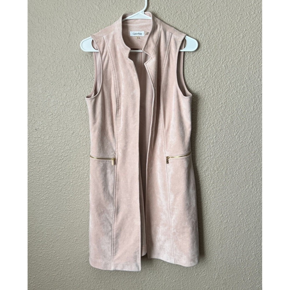 Calvin Klein Womens Faux Suede Pink Zipped Pockets Open Front Long Vest Size 8 - Picture 6 of 16